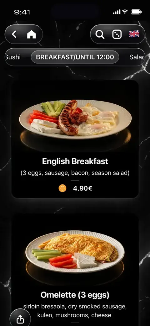 A restaurant menu on doXmenu: dish cards with photos, descriptions and prices